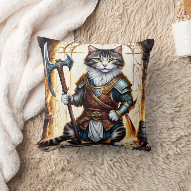 Coussin Brave Chat Warrior dans l'armure médiévale (Couverture)