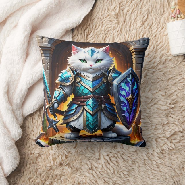 Coussin Brave Chat Warrior en Armure d'Imaginaire par Cast (Couverture)