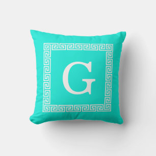 Coussin Bright Aqua White Grec Key #1 Monogramme encadré