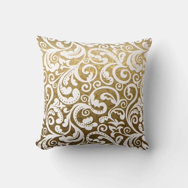 Coussin Brocade or, blanc damassé motif floral lancer (Recto)