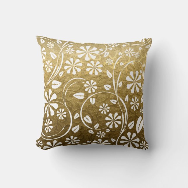Coussin Brocade or, motif floral blanc lancer (Recto)