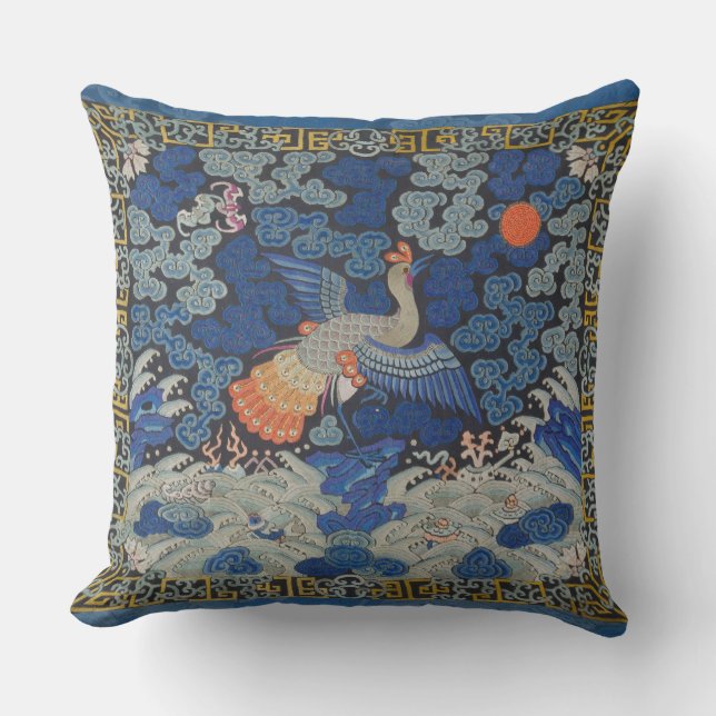 Coussin Broderie chinoise bleu d'oiseau Vintage (Recto)