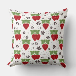 Coussin Broderie fraise sur fond blanc rétro