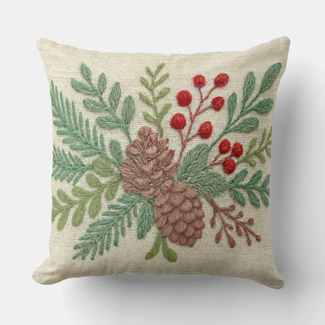 Coussin Broderie Noël Floral Sprig Pinecone Rouge (Recto)