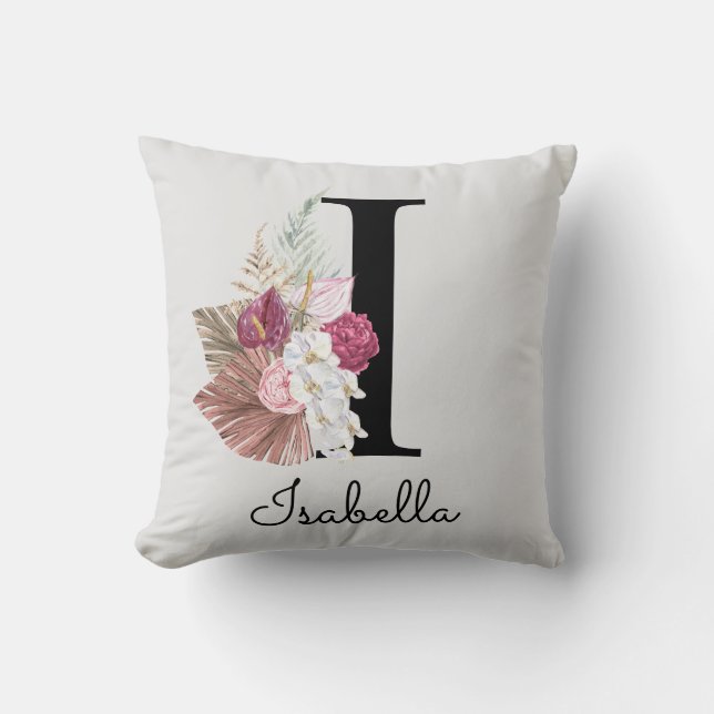 Coussin Broderie Rose Fleurie Bohème Initiale I (Recto)