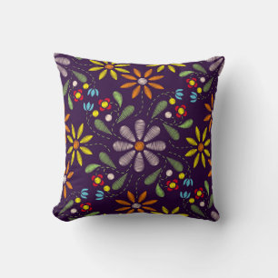 Coussin Broderie Rouge Jaune Orange Rose Vert Floral