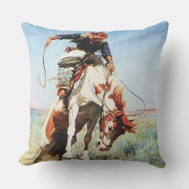 Coussin "Bronco Rider" Western Art de W Herbert Dunton (Recto)