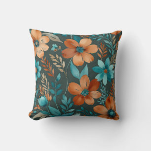 Coussin bronze et fleurs turquoises