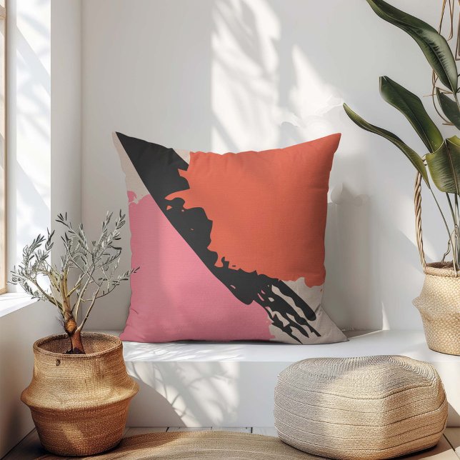 Coussin Brosse moderne - Rose, Pêche & Noir sur Beige (Créateur téléchargé)