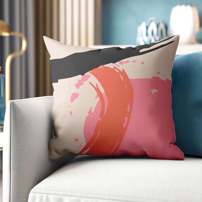 Coussin Brosse moderne - Rose, Pêche & Noir sur Beige (Créateur téléchargé)