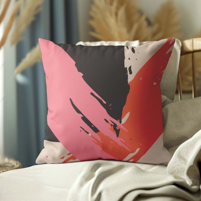 Coussin Brosse moderne - Rose, Pêche & Noir sur Beige (Créateur téléchargé)