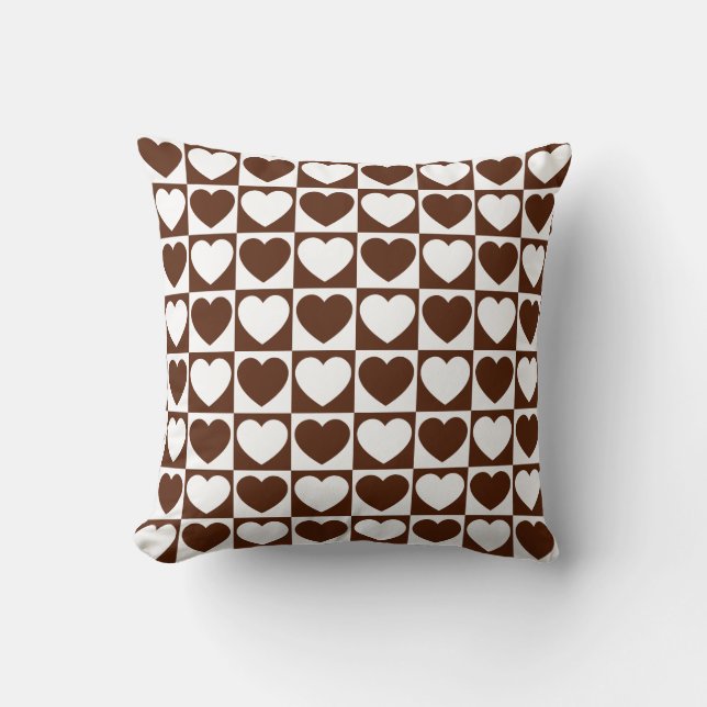 Coussin Brown et blanc À damiers Motif aux coeurs (Recto)