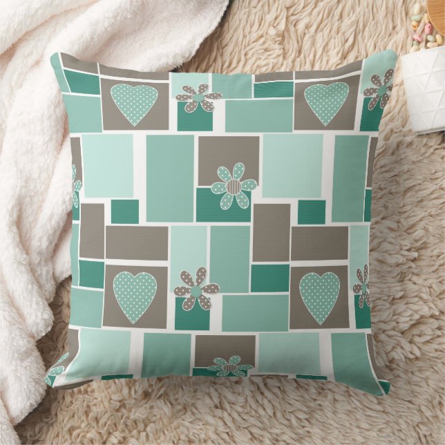 Coussin Brown turquoise patchwork of square patches  (Couverture)