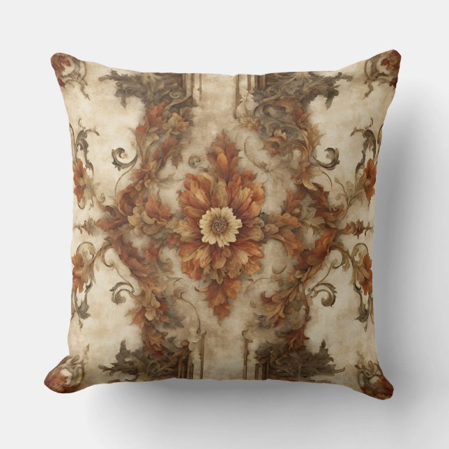 Coussin Brûlé Orange Brown Crème rouille Baroque Floral (Recto)