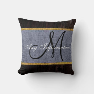 Coussin Brûlon gris à l'aspect bois Monogramme rustique