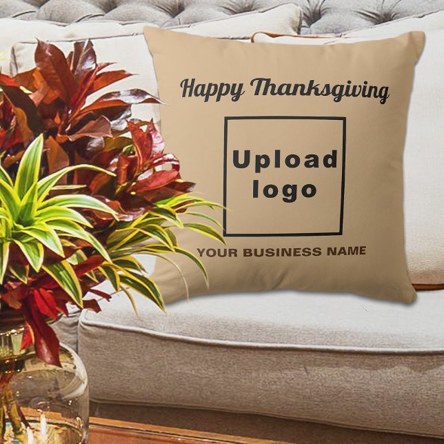 Coussin Brun clair | Thanksgiving | Marque commerciale | (Business name and logo with Thanksgiving greeting on light brown throw pillow)