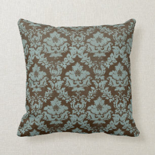 Coussin Brun et carreau de "damassé affligé par Teal"