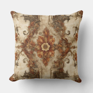 Coussin Brun orangé brûlé Crème Rouille Baroque Floral