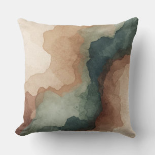 Coussin Brun Sarcelle Bleu Sauge Vert Abstrait Aquarelle