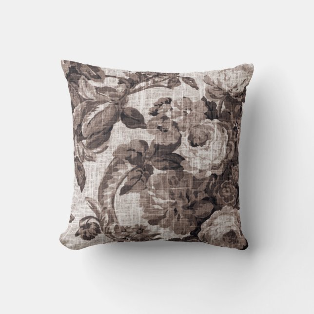 Coussin Brun Toile floral botanique No.5 de ton de sépia (Recto)
