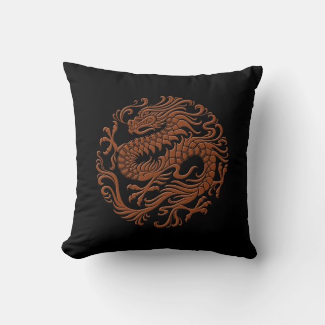 Coussin Brun traditionnel et cercle chinois noir de dragon (Recto)