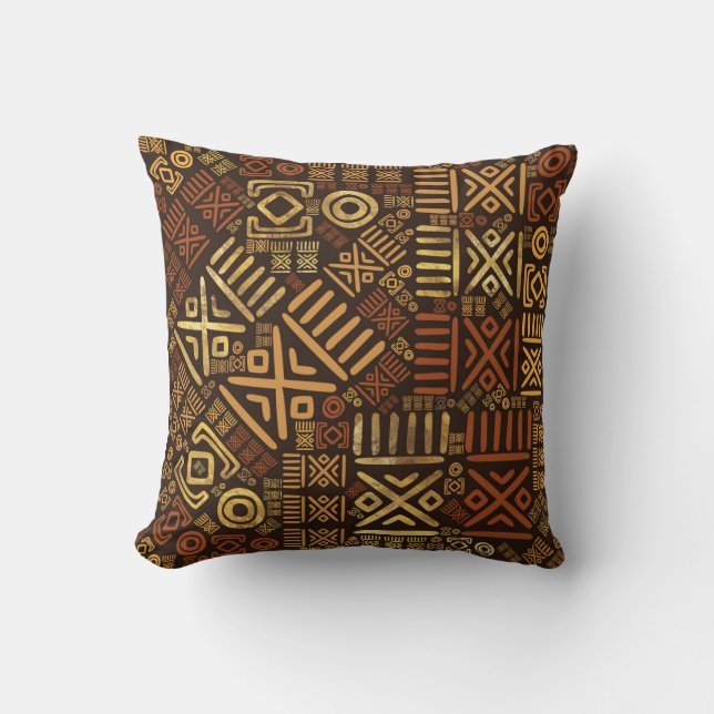 Coussin Bruns africains ethniques et or #6 de modèle (Recto)
