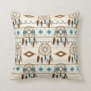 Coussin Bruns neutres et Teal de receveurs rêveurs tribau
