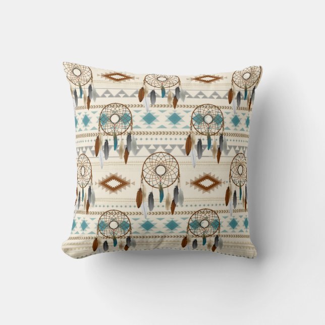 Coussin Bruns neutres et Teal de receveurs rêveurs tribaux (Recto)