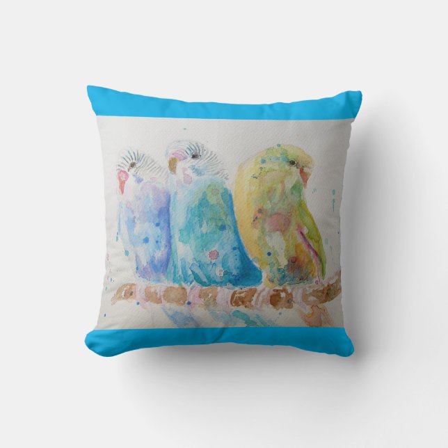 Coussin Budgie Aquarelle Peinture oiseau Cuisine Aqua Turq (Recto)