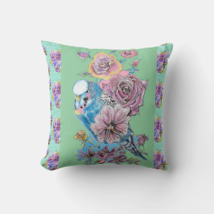 Coussin Budgie Budgerigar Rose Aquarelle florale Cushion