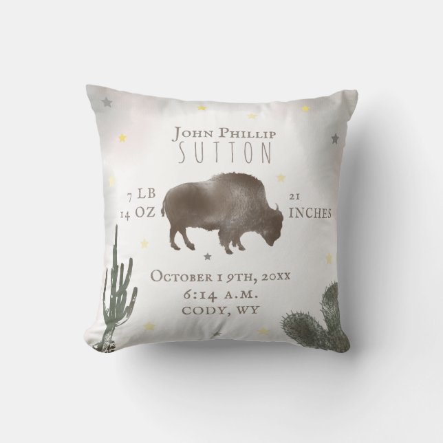 Coussin Buffalo Bison Désert Cactus Baby Birth Stats (Recto)