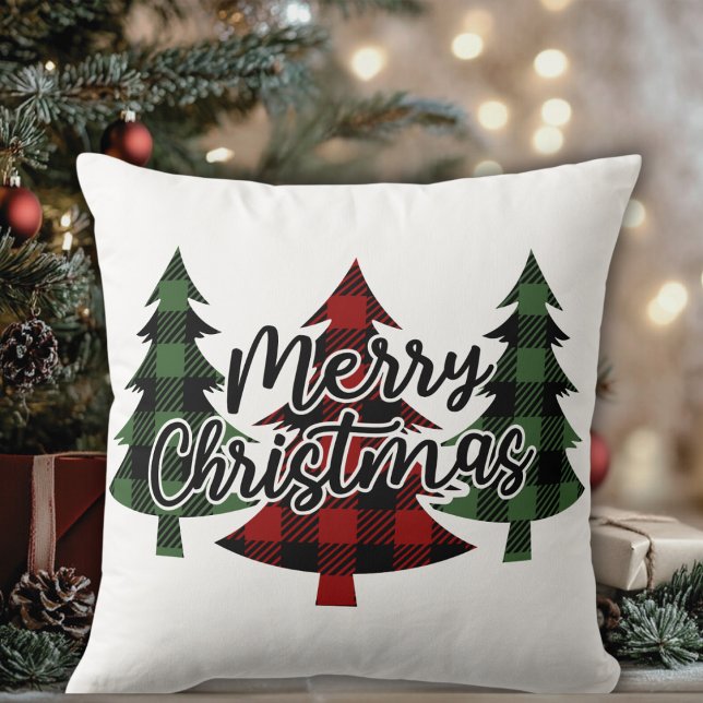Coussin Buffalo Plaid Joyeux Arbres de Noël Vacances (Buffalo Plaid Merry Christmas Trees Holiday Throw Pillow)