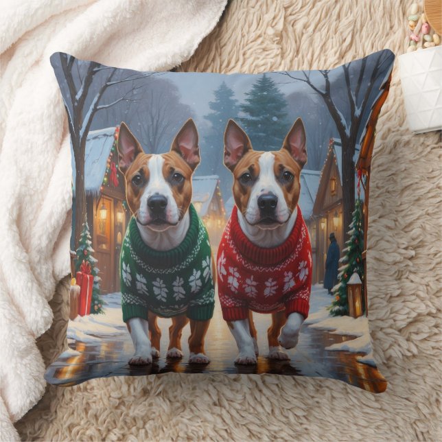 Coussin Bull Terrier Dogs Christmas Snow Holiday (Couverture)