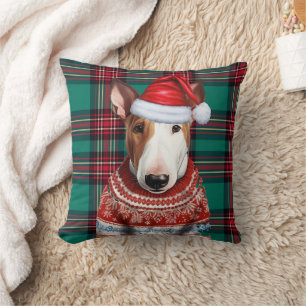 Coussin Bull Terrier Rouge et vert Plaid Noël
