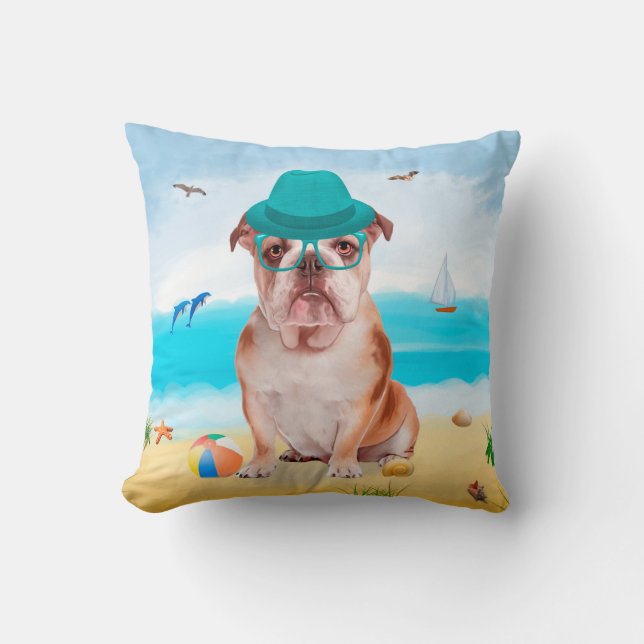 Coussin Bulldog anglais sur la plage (Recto)