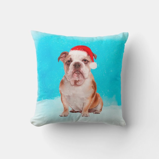 Coussin Bulldog assis dans la neige avec le chapeau de Noë (Recto)
