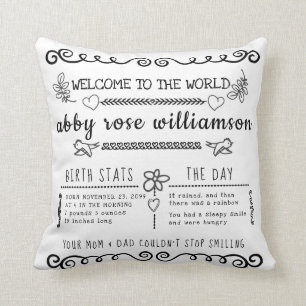 Coussin Bullet Journal Style Baby Birth Stats Keepsaké