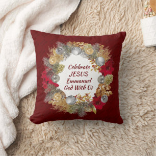 Coussin Burgundy CÉLÉBRER JÉSUS Wreath de Noël