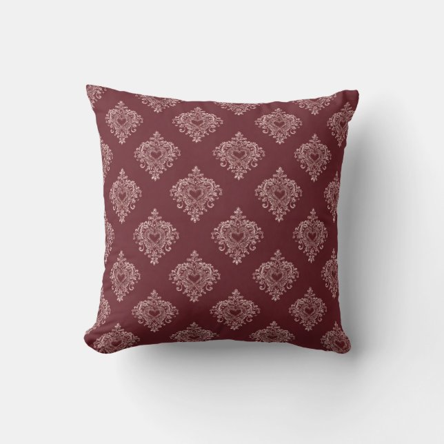 Coussin Burgundy Heart Damask Throw Pillow (Recto)