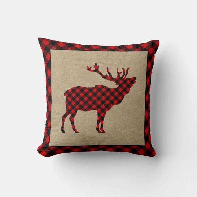 Coussin Burlap de wapitis rustique et Red Plaid (Recto)