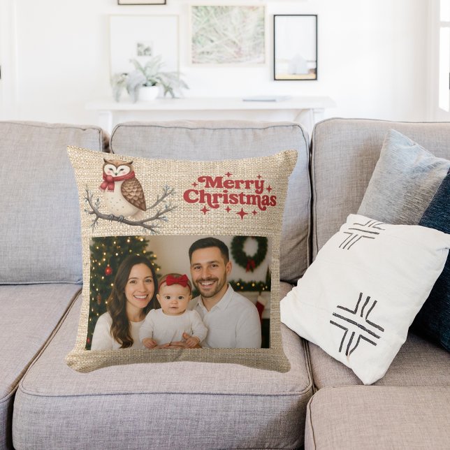 Coussin Burlap en beige photo chouette Noël (Créateur téléchargé)