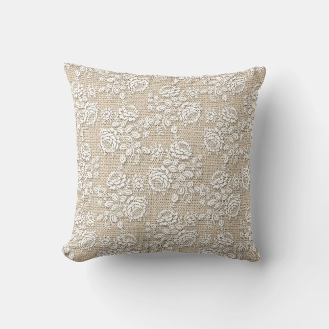 Coussin Burlap Floral Print Rustic Thlow Pillow (Recto)
