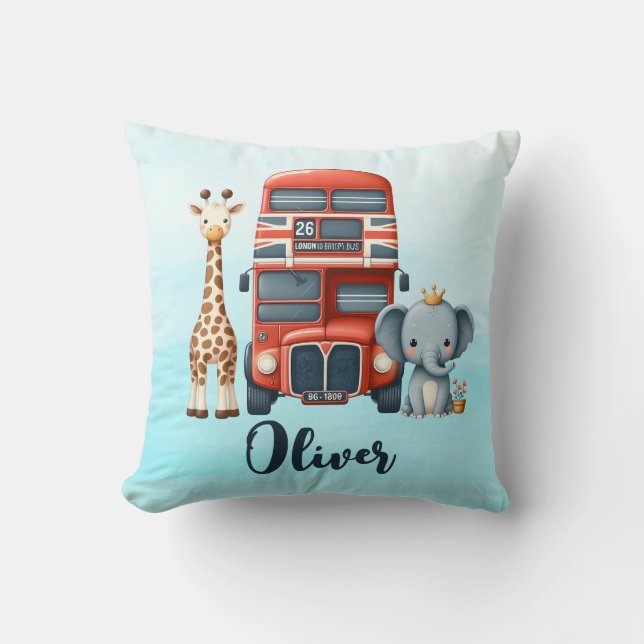 Coussin Bus Londonien Fantaisiste avec Girafe & Éléphant (Recto)