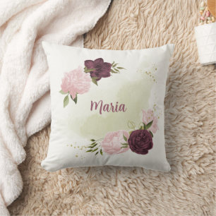 Coussin cabernet vert rose fleuri