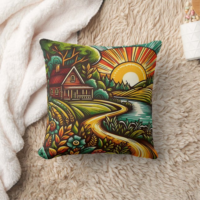 Coussin Cabine douillet dans un paysage serein au lever du (Couverture)