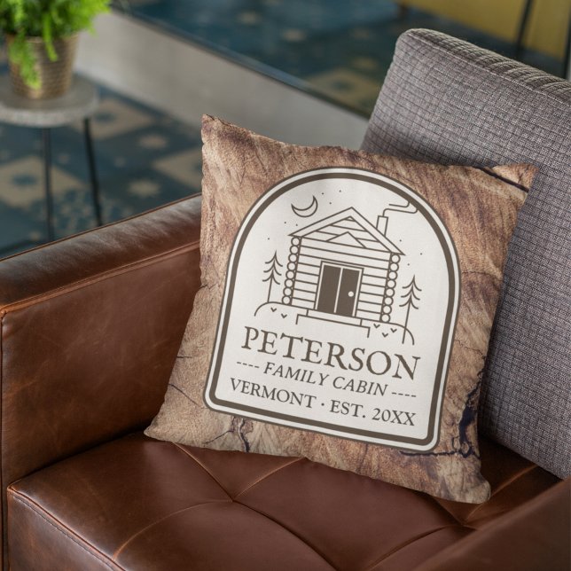 Coussin Cabine familial Bois rustique Décor personnalisé (Rustic Family Cabin Decor Custom Throw Pillow with Family Name Wood Vintage Retro Brown)