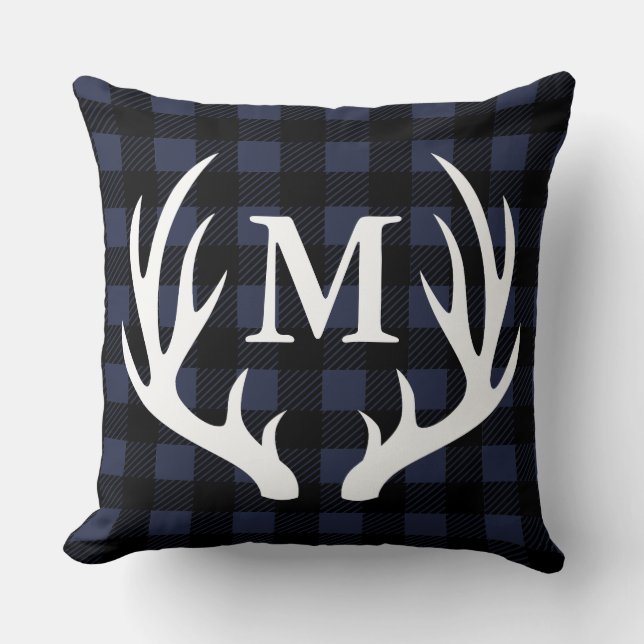 Coussin Cabine Rustic Deer Antlers Buffalo Check Plaid (Recto)