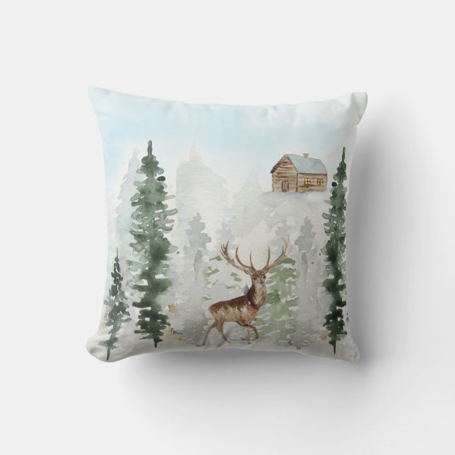 Coussin Cabine sauvage Cerfs Pins de neige (Recto)