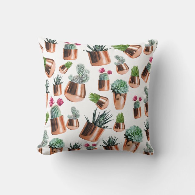 Coussin Cactus et succulents dans des pots d'or Roses (Recto)