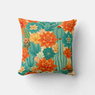 Coussin Cactus fleuri désert orange sarcelle